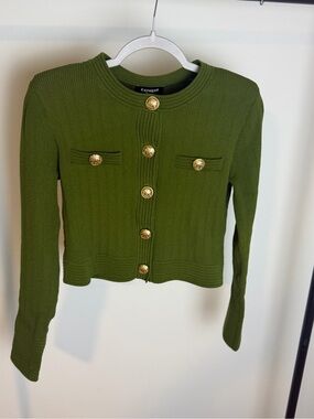 Express Olive Ribbed Button-Up Cardigan with Gold Crest Buttons